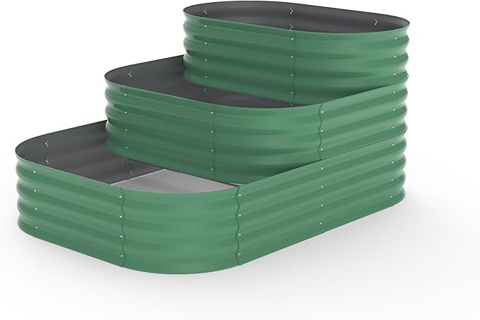 Galvanized Raised Garden Bed Kit – 61x42x31 in Oval Outdoor Planter Box for Vegetables, Herbs & Flowers, Modular 3 in-1 Design, Open Base, Ground-Connected Raised Beds for Gardening, Green