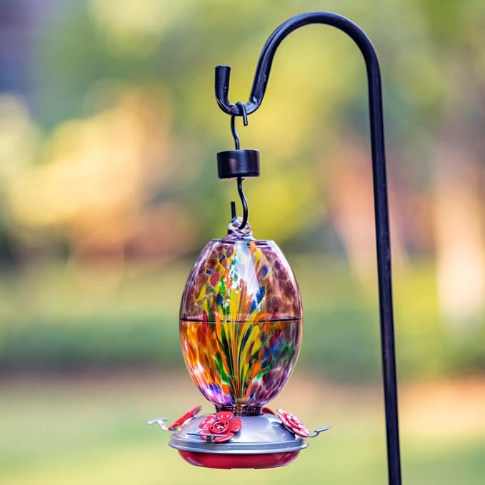 Muse Garden Glass Humming Bird Feeders for Outdoors - 27OZ Blown Glass Hummingbird Feeder - Unique Gift Mom Women, Outdoors Hanging Garden Decor, Includes Ant Moat & Brush, Purple Fireworks | Muse Garden Glass Humming Bird Feeders for Outdoors - 27OZ B...