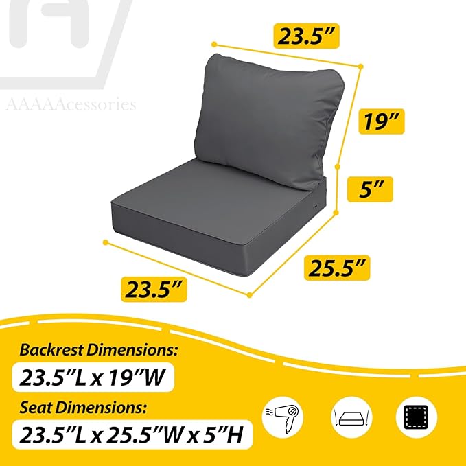 AAAAAcessories Outdoor Seat Cushions for Chairs, Fade-Resistant, Waterproof Patio Furniture Replacement Cushions, 23.5" x 25.5" x 5" + 23.5" x 19", Dark Gray