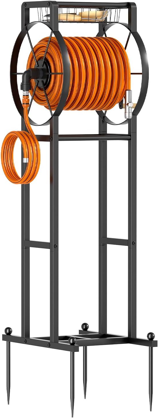 Garden Hose Reel Stand with Storage Rack - 125ft 5/8" Water Hose Organizer Holder, 4 Ground Spikes & Hooks, Universal Water Hose Adapter, Detachable Metal Frame, Black