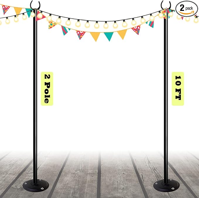 10ft String Light Poles for Outdoors, Outside Light Poles for Hard Ground Surface, Backyard, Patio, Outdoor Lighting, Matte Black, 2 Pack
