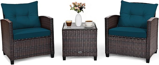 COSTWAY 3PCS Patio Furniture Set, PE Rattan Wicker Sofa w/Washable Cushion and Coffee Table, Tempered Glass Tabletop, Outdoor Conversation Set for Balcony, Porch, Yard, Backyard, Lawn (Blue)