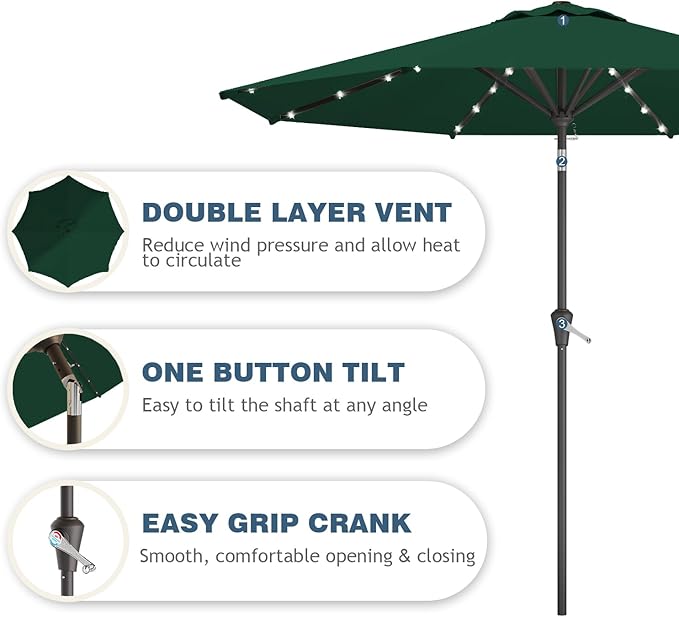 9FT Patio Umbrella with Solar Lights,Outdoor Market Umbrella with Tilt and Crank, LED Lighted Table Umbrella for Garden,Deck,Backyard,Pool,Beach
