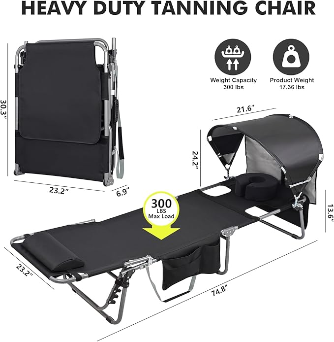 Tanning Chair with Sun Canopy Face Hole Softer Padded Adjustable Washable, Heavy Duty Layout Folding Lounge Chair for Adults Outside Beach Reading Sunbathing Poolside Lawn, UPF 50+ Sun Shade, 300 LBS