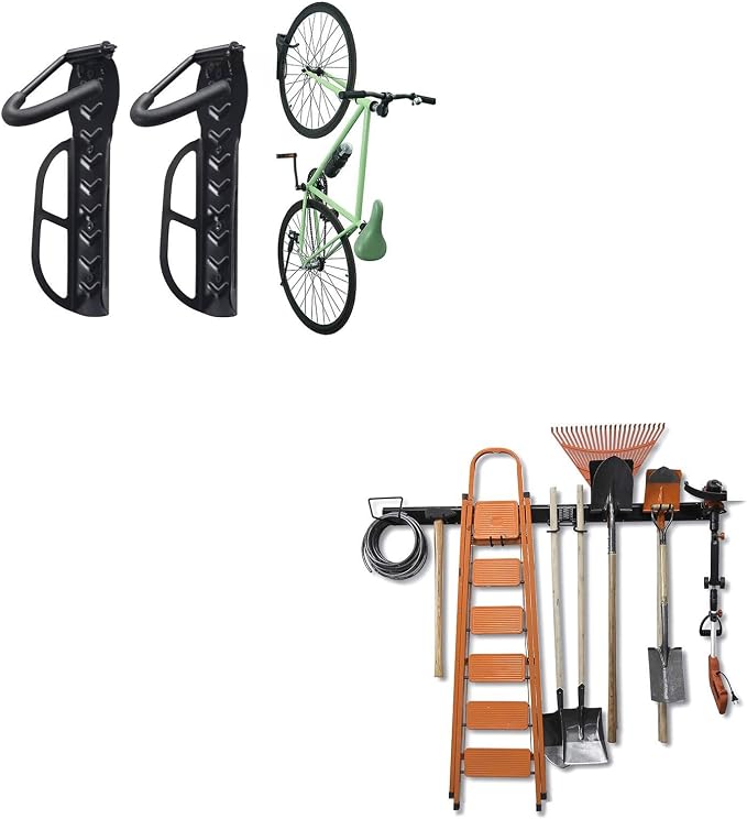 Wallmaster 15 PCS Tool Storage Rack Garage Storage Wall Mount & Bike Rack for Garage 2-Pack Bike hooks Bike Hanger Wall Mount