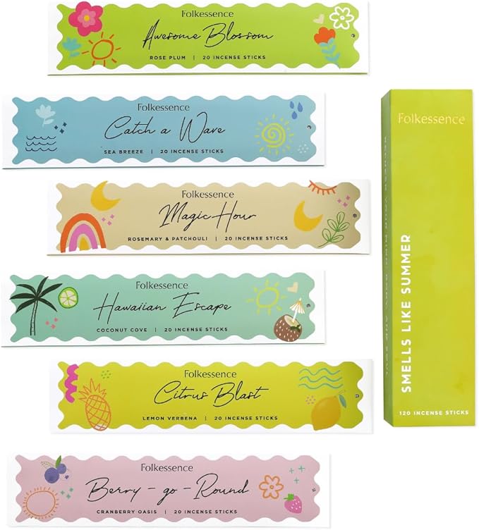 Folkulture Incense Sticks (120 Sticks) | Set of 6 Smell Like Summer Vibes Incense for Relaxation | No Charcoal,Organic,Non Toxic,45 Mins Burn Time Sea Breeze, Lemon Summer Scents Insence-Sticks