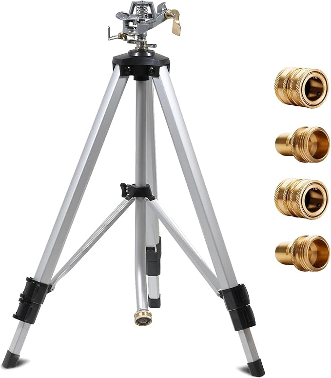 YAMATIC Impact Sprinkler on Adjustable Tripod Base, Garden Hose Quick Connect Water Hose Fittings - 3/4" Thread
