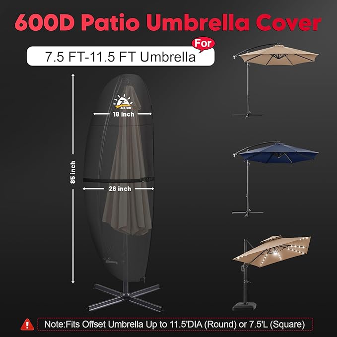 Zettum Patio Umbrella Cover - 600D Outdoor Cantilever Umbrella Cover Waterproof & Heavy Duty, Large Offset Umbrella Cover Banana Parasol Covers for 7.5-11.5 FT Umbrellas