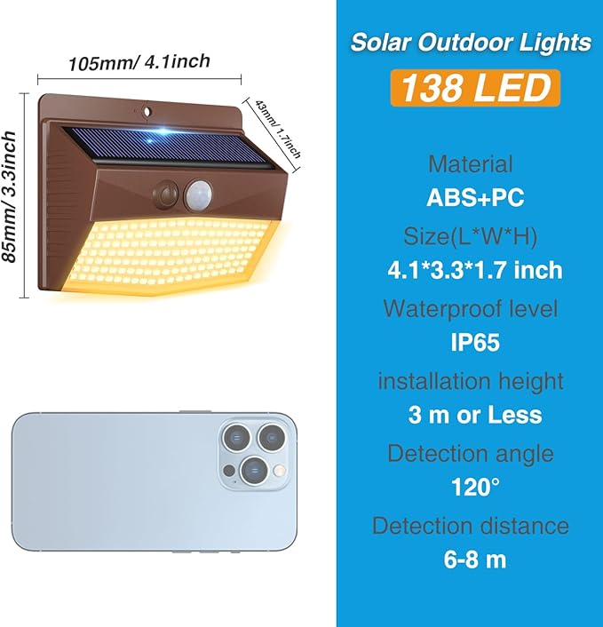 Peasur 12 Packs Solar Outdoor Lights Motion Sensor Solar Security Light Waterproof with 3 Lighting Modes Solar Powered Wall Lights Outside for Garden Fence Yard, Brown Warm