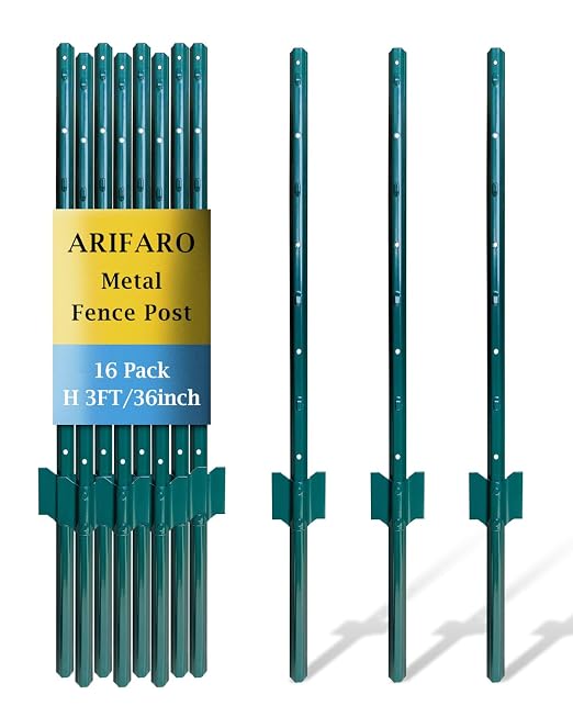 ARIFARO Fence Posts 3 Feet Sturdy Duty Metal Fence Post, Pack of 16, No Dig Garden U Post for Wire Fencing Steel Post for Yard, Outdoor Wire
