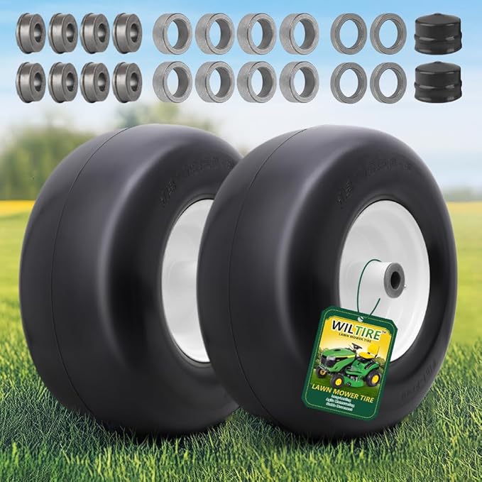 13x6.50-6 Flat Free Tire and Wheel with Rim,Universal 13x6.5-6 Solid Smooth Rubber Zero-Turn Lawn mowers Tire,5.5"-7.72”Centered Hub and 3/4" extra 5/8" 1/2” Bushings(White)