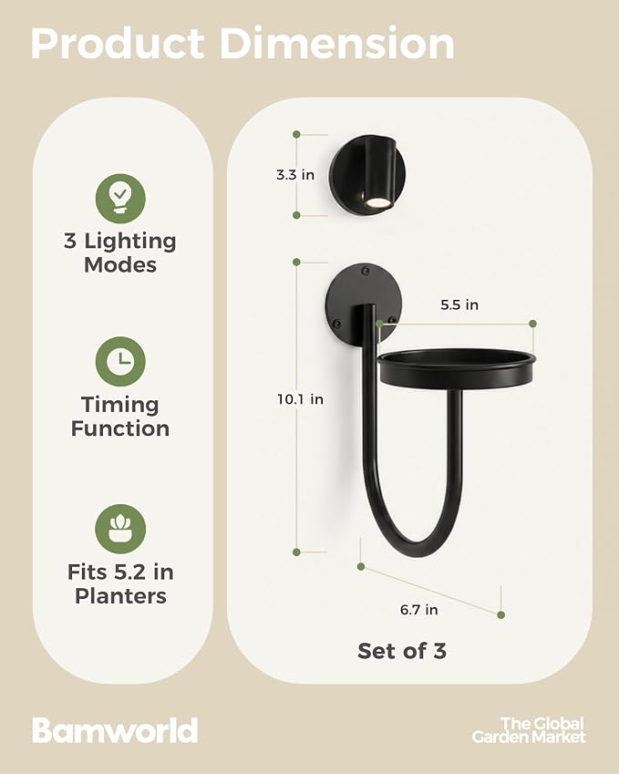 Bamworld Wall Decor Plant Stand with Lights Wall Art Planters Window Plant Hanger Indoor Hanging Planters for Indoor Plants for Living Room Black