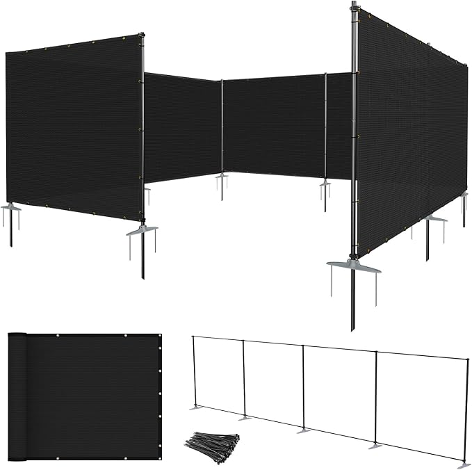 E&K 5'x64' Outdoor Privacy Screen Fence Panel Freestanding Backyard Patio Privacy Pool Fencing Temporary Garden Dog Fence with Iron Poles and Rails (Black)
