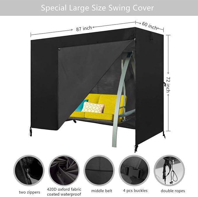Patio Swing Cove,3 Triple Seater Hammock Cover Garden Swing Cover Garden Hammock Glider Chair Cover Outdoor Swing Cover UV Resistant Swing Canopy Cover(87 * 60 * 72inch) Black