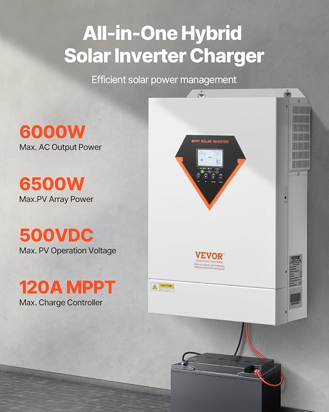 VEVOR Hybrid Solar Inverter, 6000W, Single Phase Pure Sine Wave Power Inverter, 48V DC to 220/230V AC, with Built-in 120A MPPT Solar Charge Controller, for Off-Grid System Lead Acid Lithium Battery