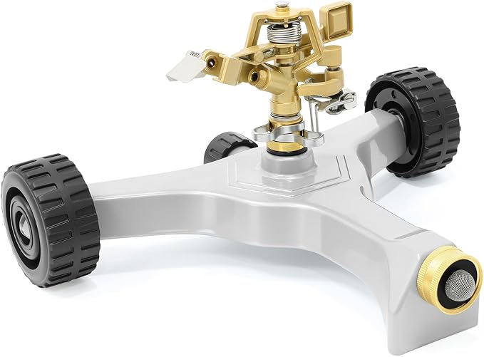RESTMO Heavy Duty Full Metal Pulsating Sprinkler with Wheeled Base, 360° Rotating Impact Sprinkler for Large Area Lawn & Yard Irrigation, Adjustable Zinc Alloy Head for Flexible Coverage