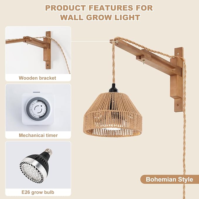 30W 4000K Indoor Plant Hanging Growth Lamp, Wall Mounted with Timing and Bracket for Greenhouse Flowers, Large Tall Plants (Garden-2)