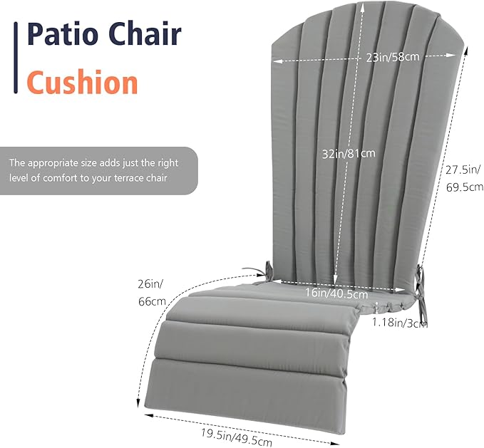 Adirondack Chair Cushion Set of 2 Indoor Outdoor Furniture Cushions Rocking Chair Cushions with Straps Replacement Folding Patio Chair Pad All-Weather Patio Chair seat Cushion（Grey）