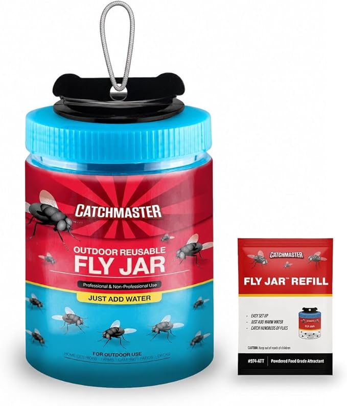 Catchmaster Reusable Outdoor Fly Trap, 1 Hanging Blue Jar with Bait | Catches All Species of Fly, Fly Traps Outdoor w/ Food-based lure, Odor Attracts Flies Away From People, Refill & Reuse
