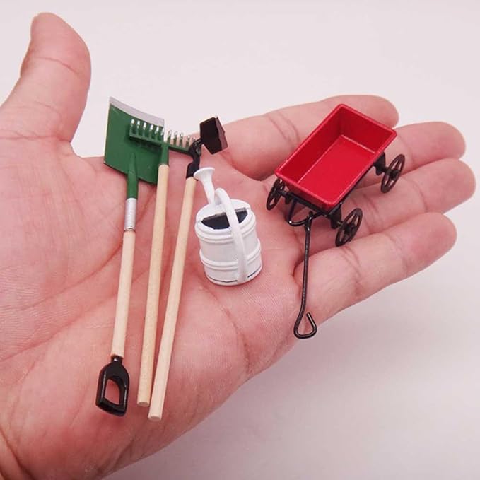 Miniature Garden Tools, 5 Pcs of Garden Scene Model Mini Garden Tools, Doll House 1/12 Scale Accessories, Spade Pestle Rake Cart and Kettle for Doll House Garden Decor Accessories