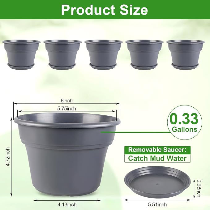 Myfeegoin 6-inch-Plant-Pots-Indoor-Outdoor, 6 Pack Plastic Planters with Drainage Holes & Saucers, Resin Flower Pots with Trays, Classic Garden Pot Container for House
