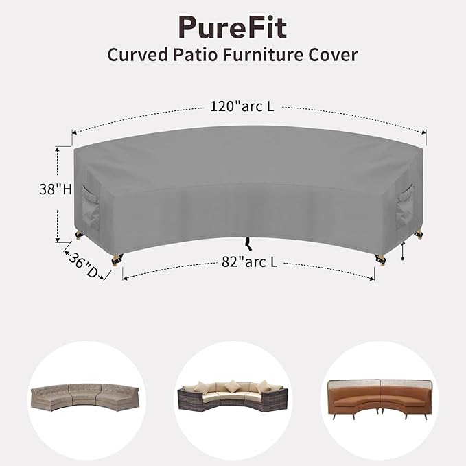 PureFit Outdoor Sectional Sofa Cover Waterproof Curved Patio Furniture Covers for Deck, Lawn and Backyard, 120Lx36Dx38Hx82FL, Grey