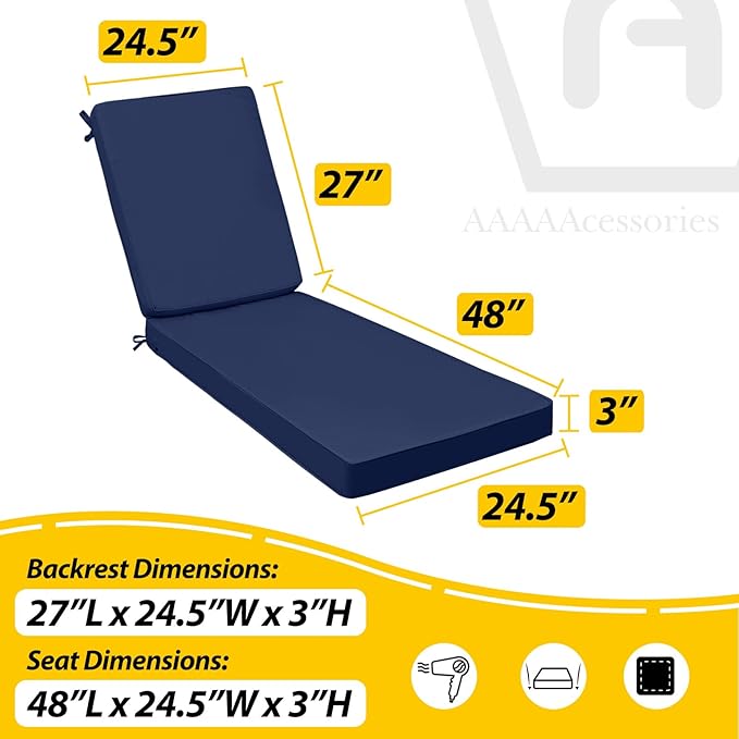 AAAAAcessories Outdoor Chaise Lounge Cushions, Fade-Resistant, Waterproof Patio Furniture Replacement Cushions, 75" x 24.5" x 3", Navy Blue