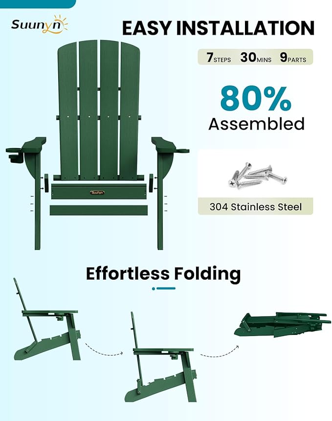Folding Adirondack Chair 4 Pack, HDPE All-Weather Fire Pit Chairs, Plastic Adirondack Chairs with 2 Cup Holder, Outdoor Lawn Chair for Patio Garden (Green)