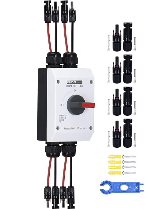 DIHOOL Solar Disconnect Switch,32 Amp DC600V,2 String 2 in 2 Out Isolator,IP66 Waterproof