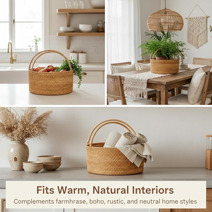Handwoven Rattan Storage Basket with Handles, Natural Wicker Decorative Basket for Kitchen Counter, Pantry Organization, Floral Arrangement, Gift Packaging & Home Decor