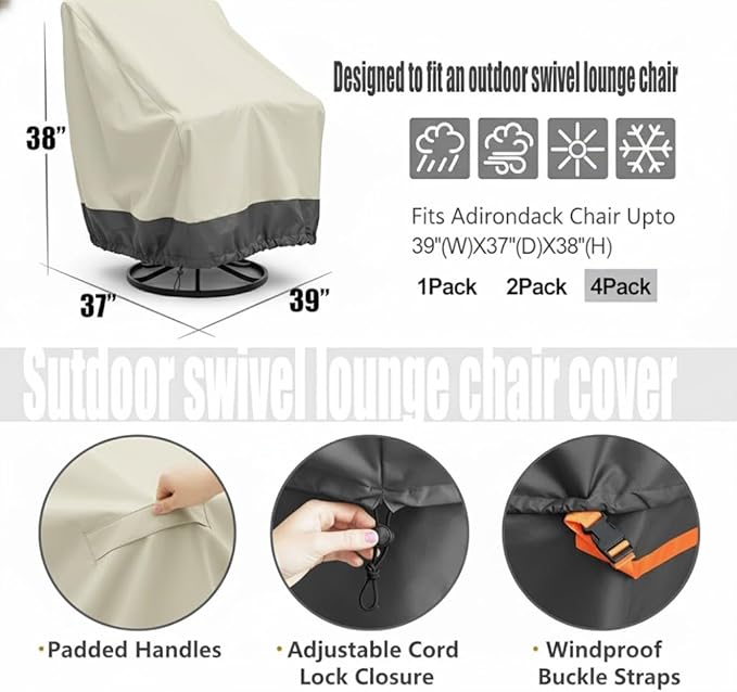 4 Pack Heavy Duty Patio Chair Covers - Rip-Resistant 600D Oxford Fabric - 8000mm Waterproof UV-Resistant Outdoor Furniture Covers for Adirondack, Rocking, and Swivel Chairs, 39"W x 37"D x 38"H