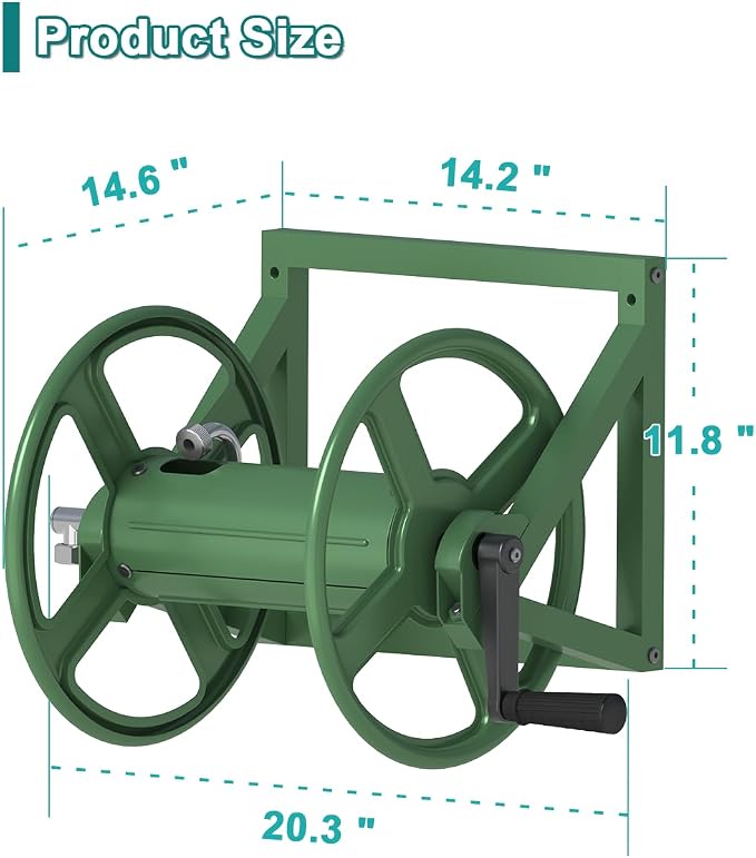 Artigarden Garden Hose Reel Wall Mounted, Outdoor Heavy Duty Powder Coated Metal Water Hoses Holder Winder Holds 125 ft 5/8" Hoses with 3.9ft Leader Hose, Stainless Steel Connector for Outside, Green