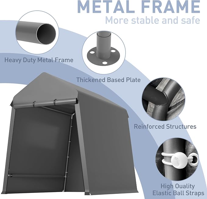 GarveeLife 7X12 ft Heavy Duty Outdoor Shed,Portable Storage Shed,with 2 Rolled Up Zipper Doors,Vents Carports & Waterproof Cover Temporary Shelter for Motorcycle,Gardening Tools and Generator(Grey)