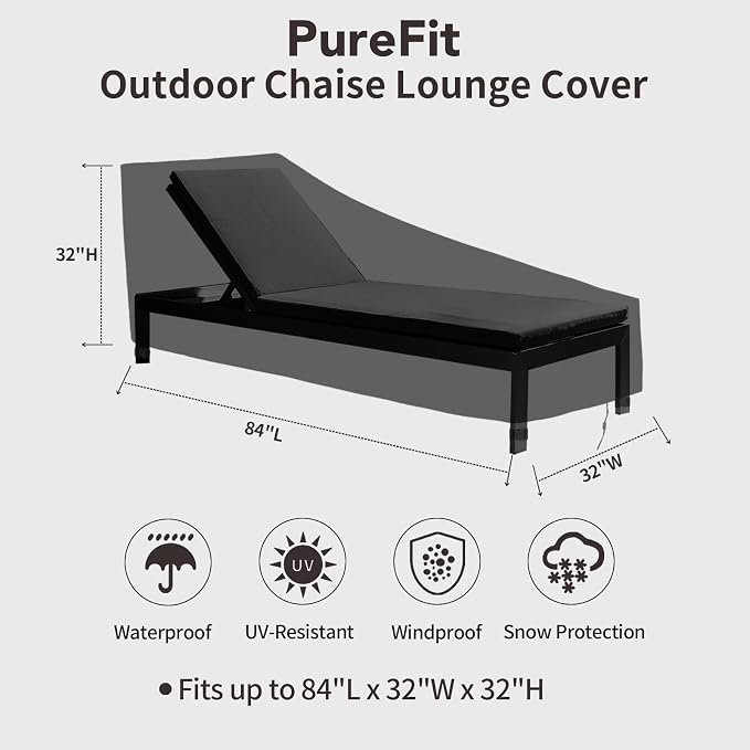 PureFit Outdoor Chaise Lounge Cover, Lounge Chair Covers Waterproof Patio Furniture Lounge Chair Cover, UV Resistant & Weatherproof, 1 Pack, 84"L x 32"W x 32"H Inches, Black