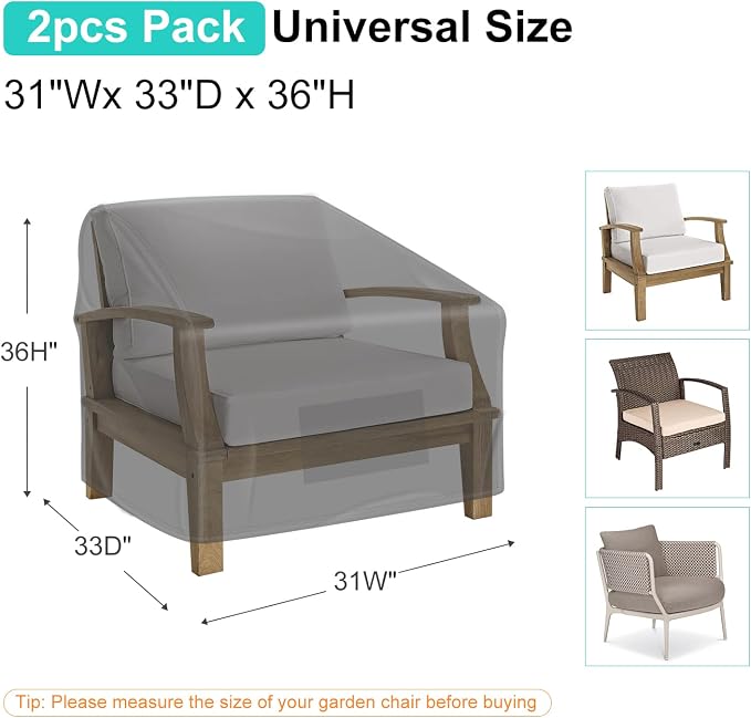 Patio Chair Covers for Outdoor Furniture Waterproof 2 Pack, Lawn Chair Covers 600D Heavy Duty Oxford Cloth, Large Covers for Lounge Lawn Deep Seat Black 31"W×33"D×36"H