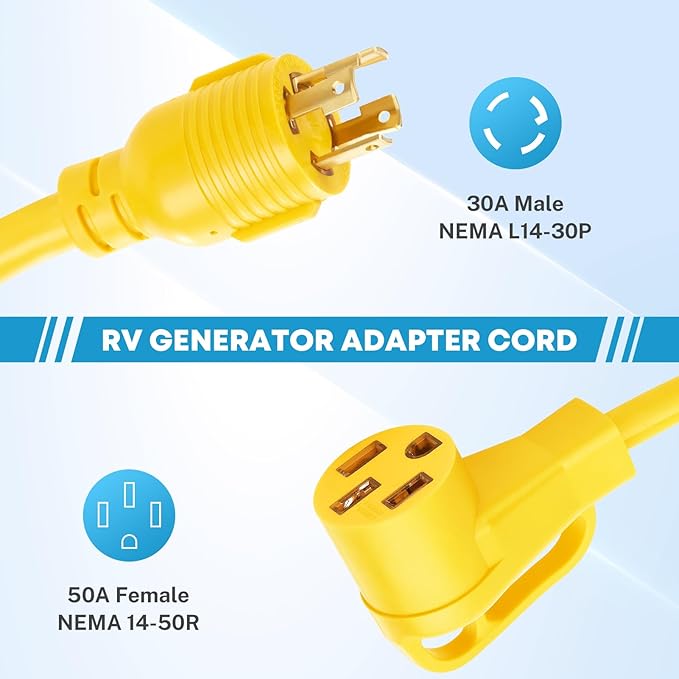 Kohree 4 Prong 30 Amp to 50 Amp RV Generator Adapter Cord, NEMA L14-30P to 14-50R Twist Lock Adapter, NEMA L14-30P Twist Lock Plug to 14-50R Receptacle, STW 10 AWG 12", RV Adapter for Trailer Camper