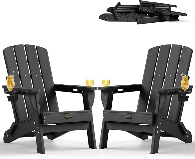 Folding Adirondack Chair 2 Pack, HDPE All-Weather Fire Pit Chairs, Plastic Adirondack Chairs with 2 Cup Holder, Outdoor Lawn Chair for Patio Garden (Black)