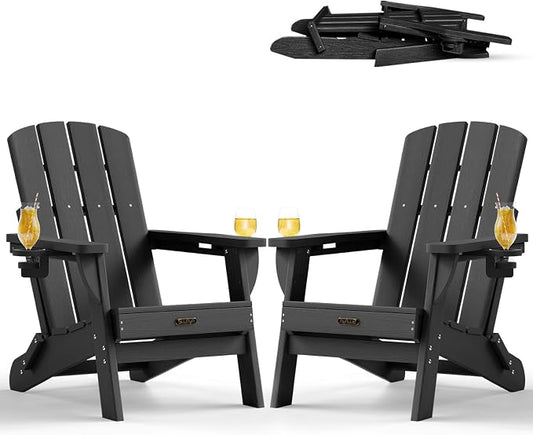 Folding Adirondack Chair Set of 2, HDPE Adirondack Chairs with 2 Cup Holder, Plastic All-Weather Fire Pit Chairs, Outdoor Lawn Chair for Patio Garden (Black)