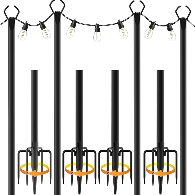 Mutovlin 4 Pack String Light Poles,10 Ft Light Poles for Outside String Lights,Outdoor Lights Pole with Fork,Metal Poles Stand for Patio Deck Backyard (10FT 4 Pack)