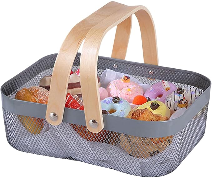 AJIODA Metal Mesh Steel Basket, Storage Organizer Basket Garden Harvest Basket Multi-functional Kitchen Fruit Baskets Bin with Wooden Handle for Bathroom Picnic Shopping Decor Cabinet Home, Grey