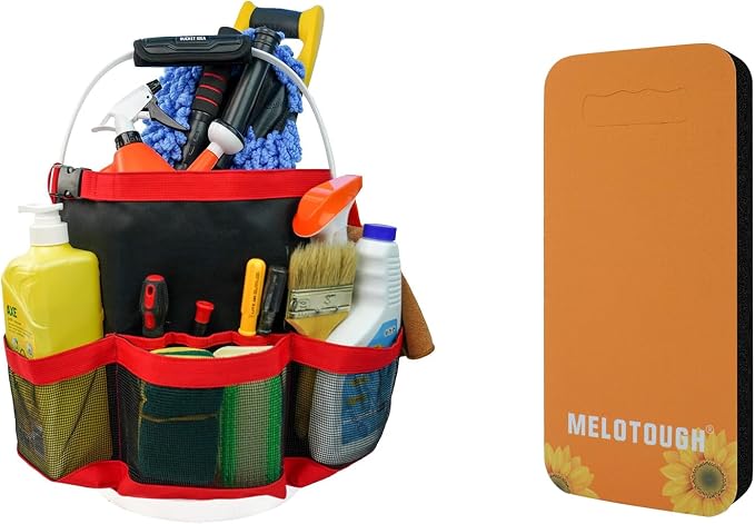 MELOTOUGH Bucket Car Wash Tool Organizer for Garden Tools Fit 3.5 to 5 Gallon Bucket, Garden Kneeling Pad, 1" Thick Soft NBR Foam Kneeling Pads for Gardening, Cleaning, Work