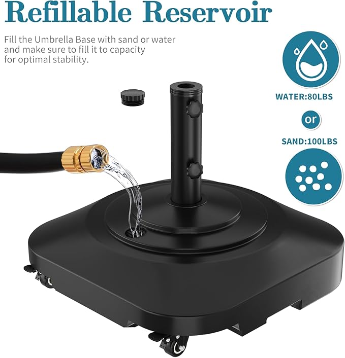 Umbrella Base,Heavy Duty Patio Umbrella Stand with 5 Wheels, Max 145lb Fillable Umbrella Holder Wind-Resistant, Mobile Square Market Stand for Outdoor, Deck, Lawn, Fits Most Sized Umbrellas (21 in)