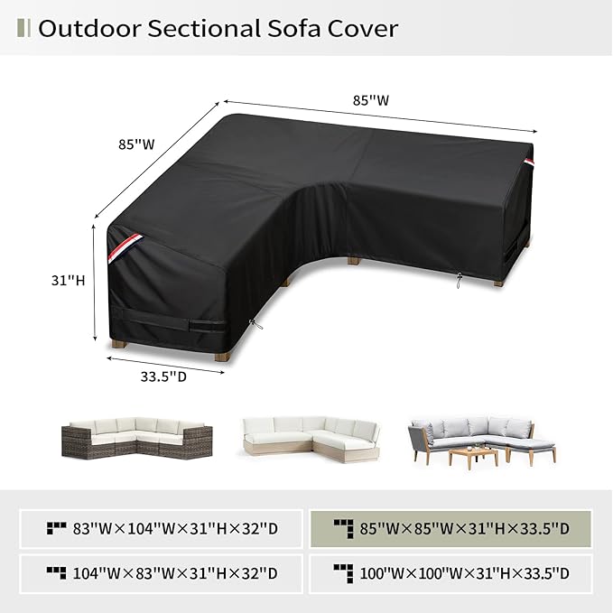 KylinLucky Patio Sectional Sofa Cover V-Shaped 85"x85", Heavy Duty Waterproof Outdoor Corner Couch Cover, All-Weather Protection for Conversation Set, Black