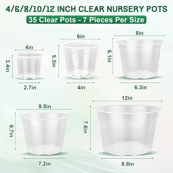 OUPSAUI 35 Pack 4/6/8/10/12 Inch Clear Nursery Pots with Drainage Hole, Clear Large Plastic Pots for Plants, Transparent Variety Seedling Planter for Vegetable Flowers Fruits