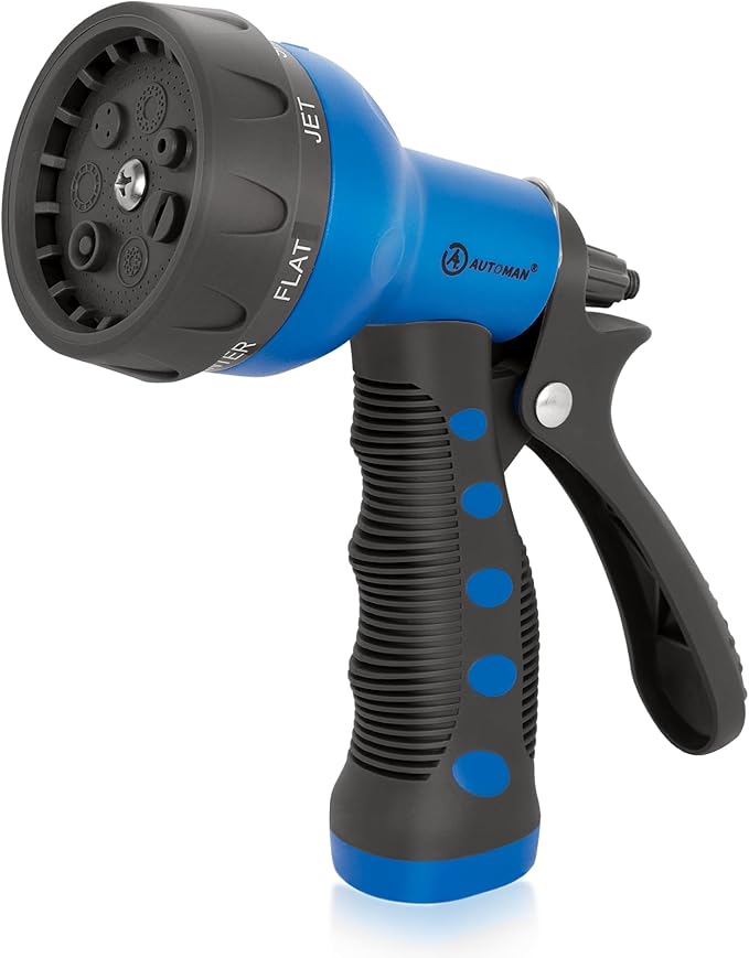 AUTOMAN-Garden-Hose-Nozzle,ABS Water Spray Nozzle with Heavy Duty 7 Adjustable Watering Patterns,Slip Resistant for Watering Plants,Lawn& Garden,Washing Cars,Cleaning,Showering Pets - Blue
