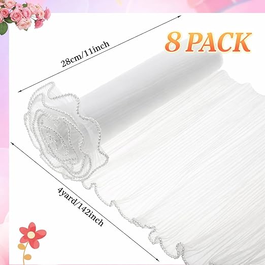 Gilprop 8 Pcs Flower Wrapping Mesh Paper, 11 Inch x 4 Yard Wavy Pearl Edge Wrinkled Flower Packaging Mesh, Florist Supplies for Teacher Mother's Day Gifts (White)