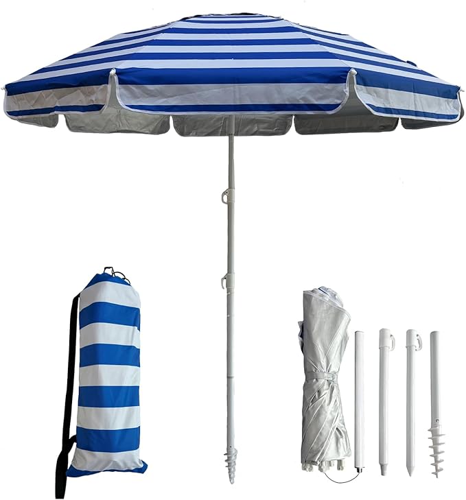 LOTTAFUN 6ft Beach Umbrella - Heavy Duty Wind Resistant UV 50+ Portable Sun Shade with Sand Anchor & Carry Bag, Outdoor Folding Umbrella for Beach, Pool, Patio, Garden (Blue strip)