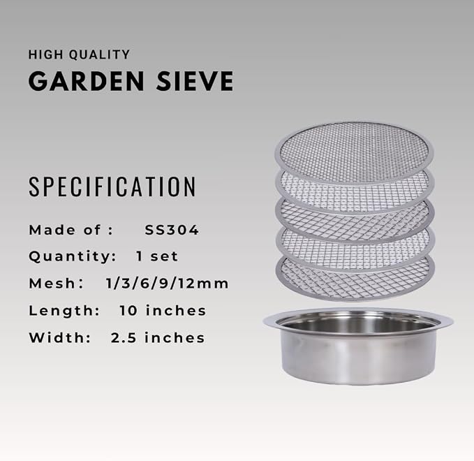 Soil Sifter Set for Garden with 5PCS Mesh(1,3,6,9,12mm) Sieve for Rocks and Sand