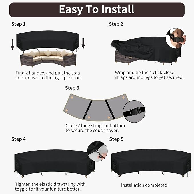 PureFit Outdoor Sectional Sofa Cover Waterproof Curved Patio Furniture Covers for Deck, Lawn and Backyard, 150Lx36Dx38Hx112FL, Black