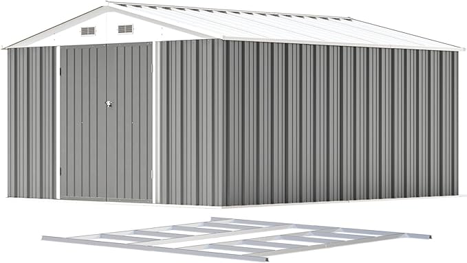 Patiowell 10 x 12 FT Outdoor Storage Shed with Floor Frame, Large Metal Shed Storage with Lockable Doors and Steel Frame, Utility Tool Outside Storage Shed for Garden, Patio, Backyard, Gray